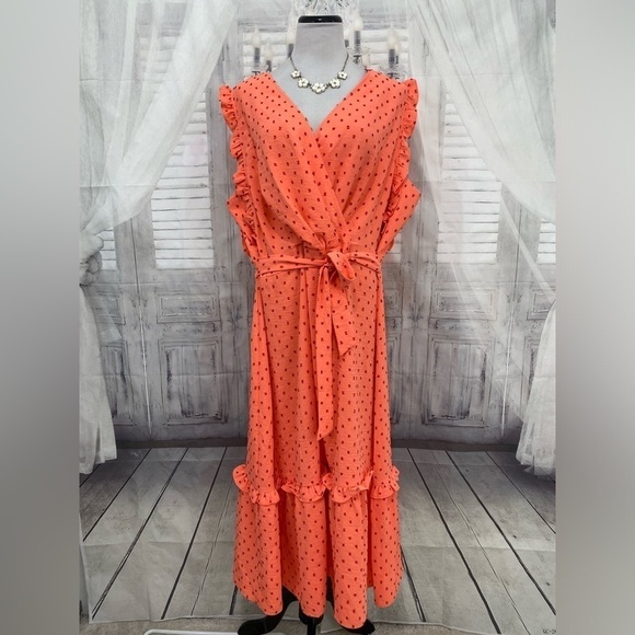 London Times Size 22W Plus Ruffled Tiered Midi Dress Pink Coral Swiss Dot V Neck - Picture 1 of 15